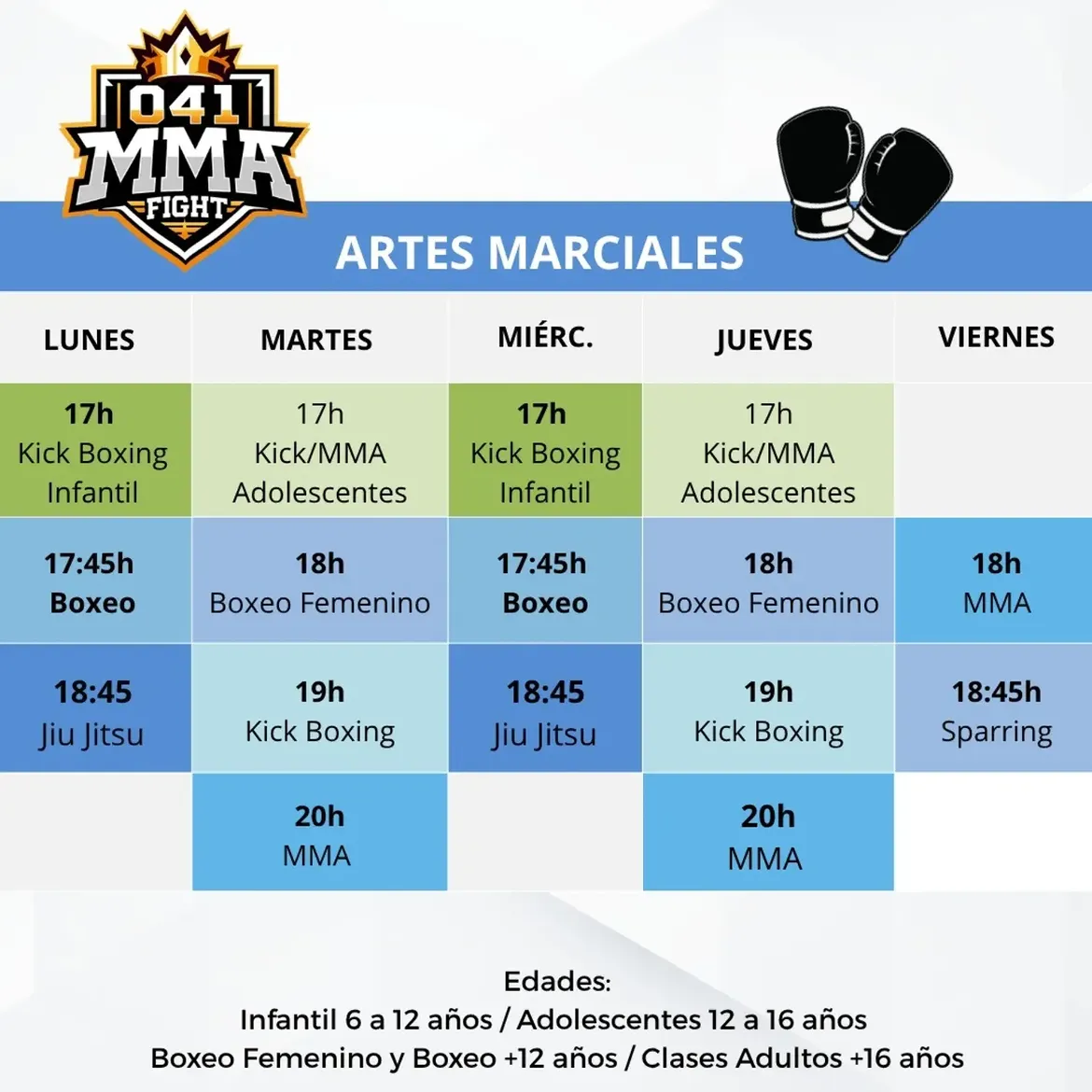 Cuadro de horarios de artes marciales del club